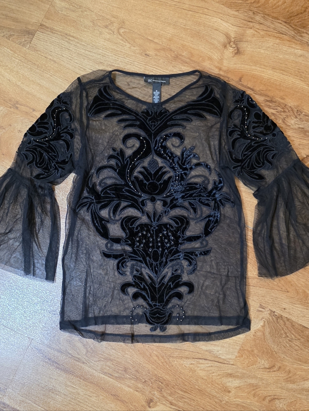 INC International Concepts Velvet Beaded Mesh Sheer Blouse